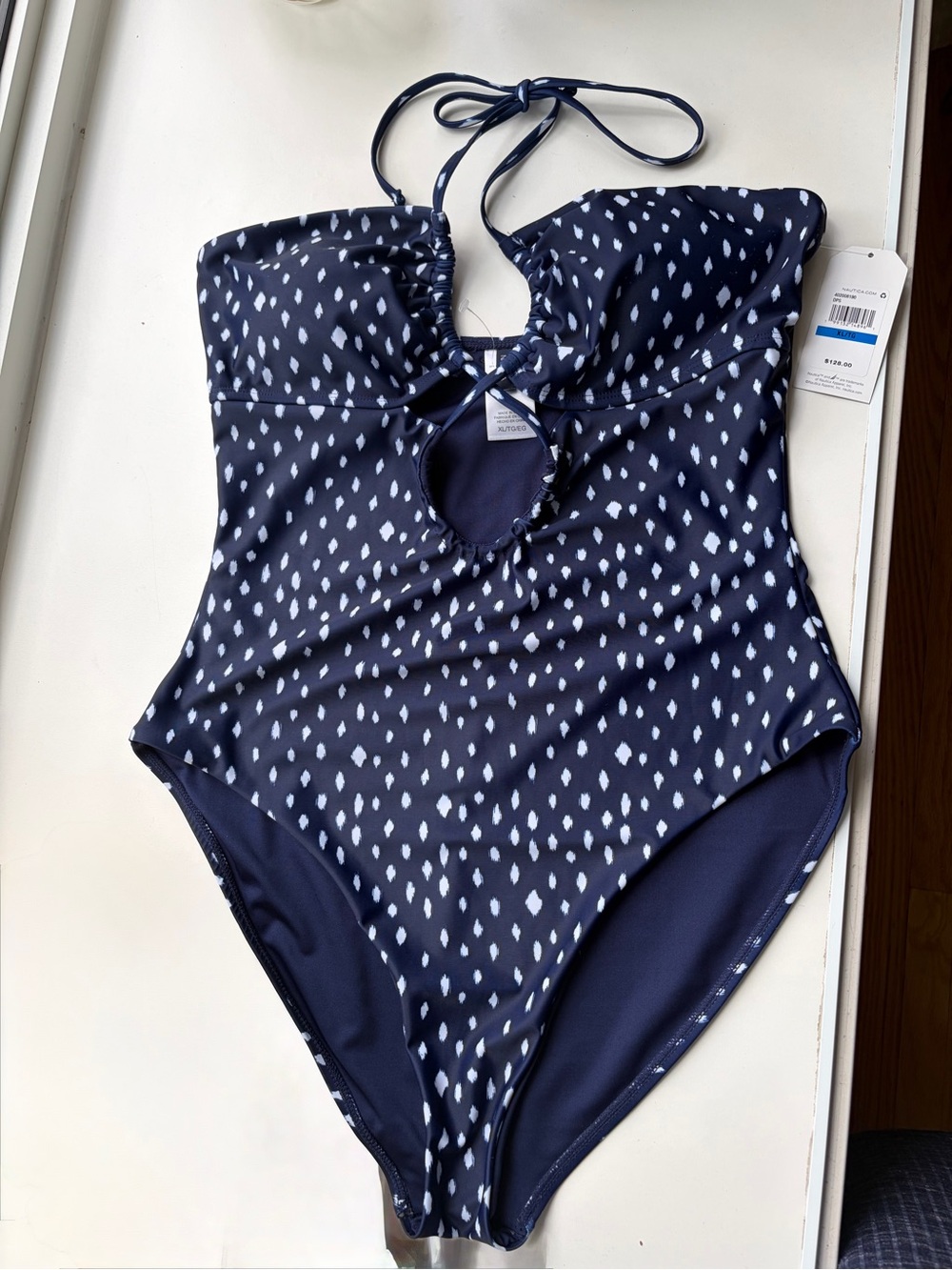 NWT Nautica Navy Blue One Piece Swimsuit XL/TG Halter Cutout Preppy Polka Dot